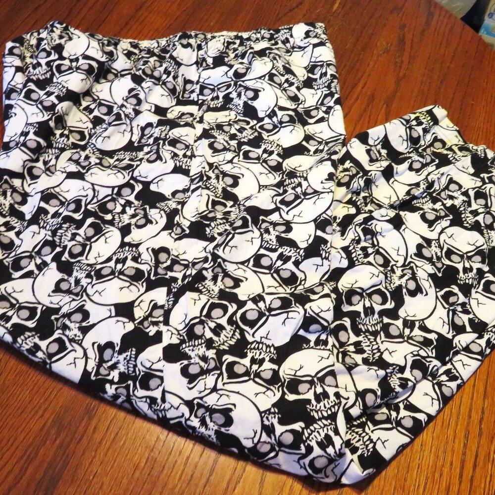 Skull Lounge Pants Drawstring Waist 100% Cotton Long Length Black/White Size XL